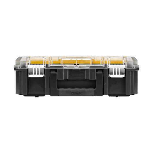 DEWALT black and clear plastic organizer toolbox with yellow accents, closed and viewed from the front.