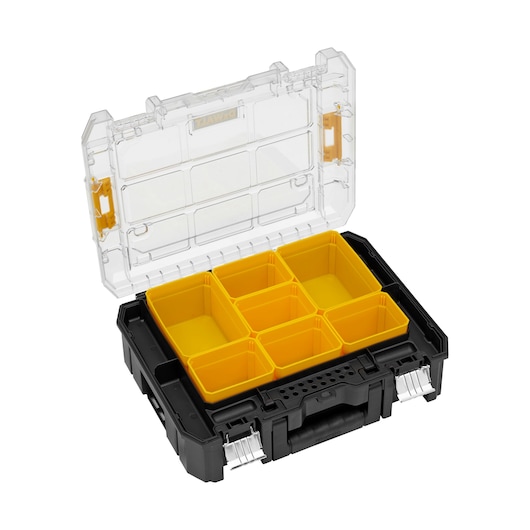 DEWALT organizer with clear lid, black base, and six yellow removable storage compartments.