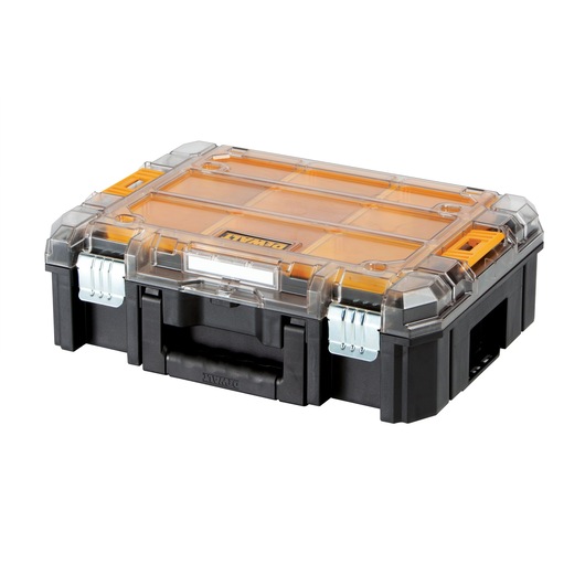 DEWALT organizer box with clear lid and orange compartments, used for storing tools or accessories.