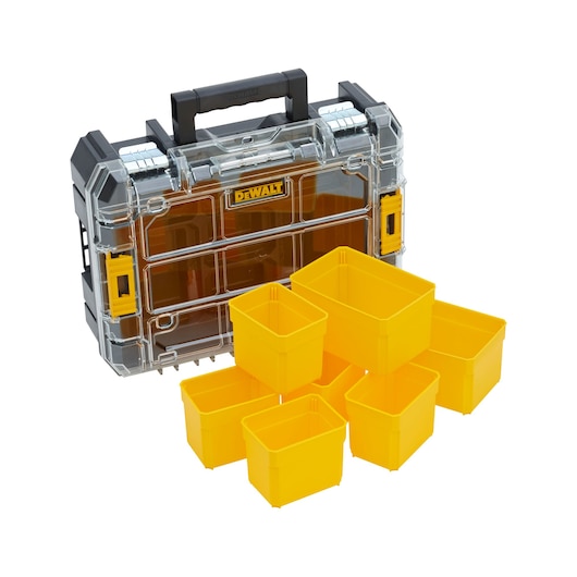 DEWALT organizer case with transparent lid and 7 yellow removable bins for storing tools or accessories.
