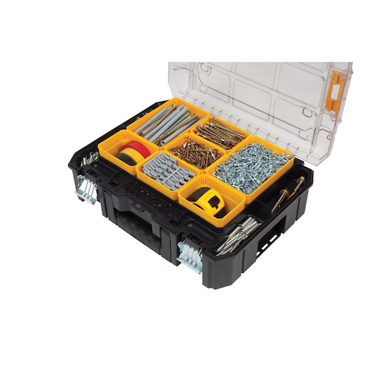 DEWALT organizer box with yellow compartments for screws, bolts, and hardware, lid open showing contents.