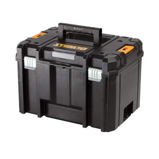 Black DEWALT storage case with handle and secure latches, suitable for tools or photography equipment.
