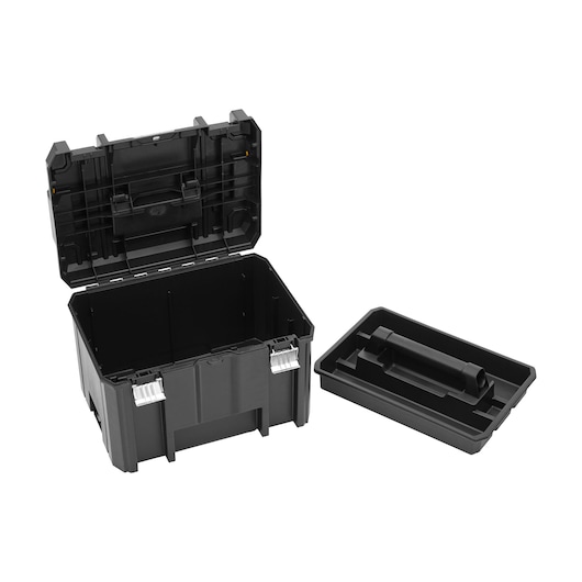 Open DEWALT black toolbox with lid and removable tray on white background.