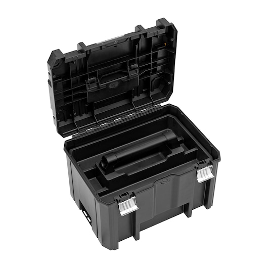 DEWALT black storage box with open lid and metal latches. Contains a removable tray for organizing tools or accessories.