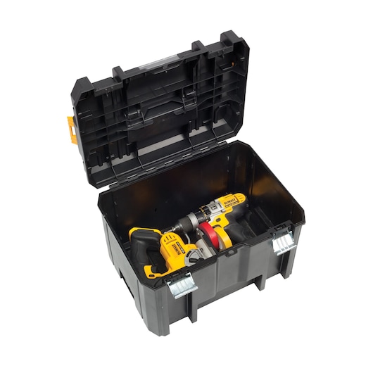 Open DEWALT tool box with yellow power tools inside, shown on a white background.