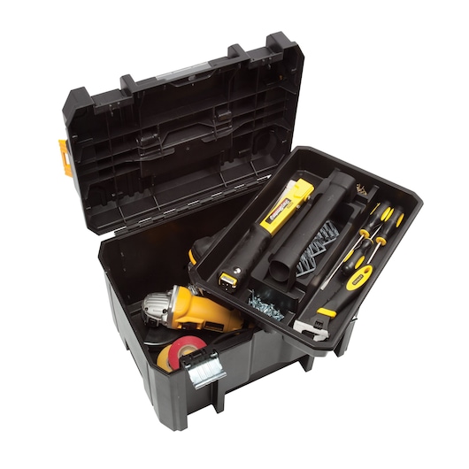 Open DEWALT toolbox with various tools and hardware inside, including drill, screwdrivers and screws.