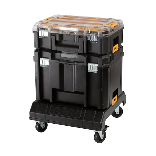 DEWALT black rolling tool storage box with clear lid and yellow accents, on four wheels.