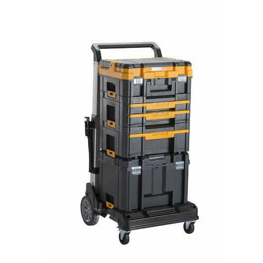 DEWALT stackable tool storage trolley with multiple black and yellow boxes and wheels.