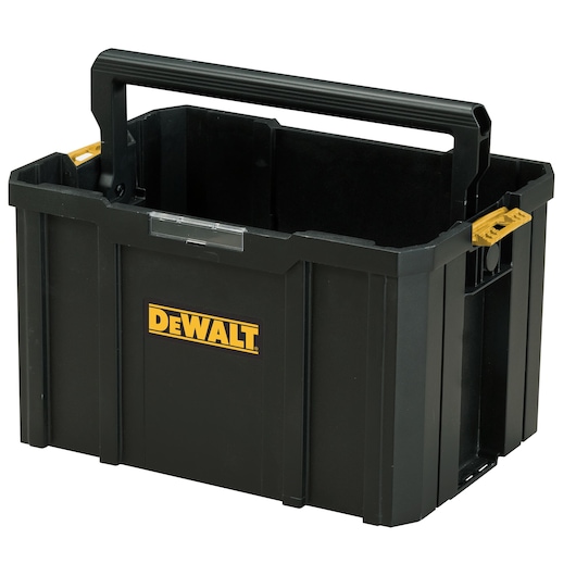 Black DEWALT open toolbox with handle, sturdy design for tool storage and transport.