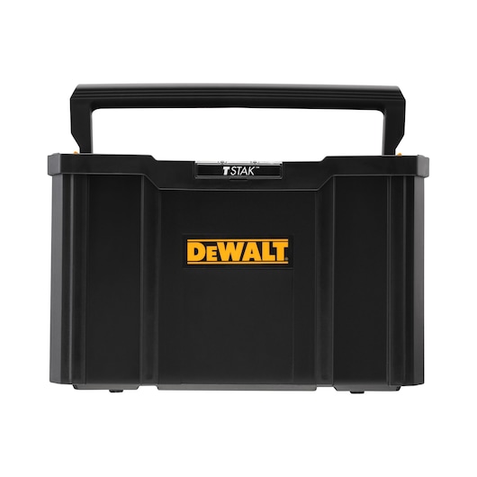 Black DEWALT TSTAK tool box with handle, rectangular shape and bold yellow DEWALT logo at the center.