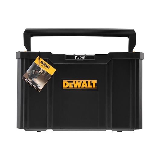 DEWALT TSTAK black toolbox with handle and label. Suitable for organized tool storage and transport.