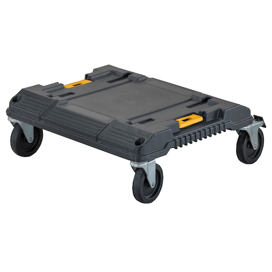 Black DEWALT rolling platform with four wheels for transporting toolboxes or equipment.