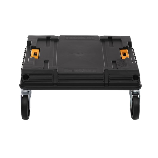 DEWALT stackable black rolling base platform with four wheels and yellow clips, used for tool storage and transport.