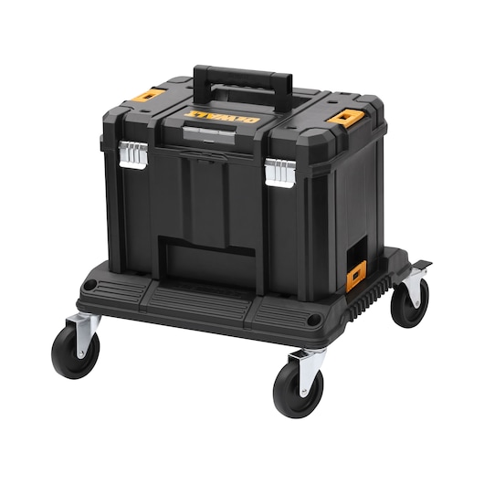 Black DEWALT rolling toolbox with handle and secure metal latches, shown on four wheels against a white background.