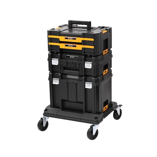 Stacked DEWALT toolboxes on a wheeled base, featuring black and yellow compartments for portable storage.