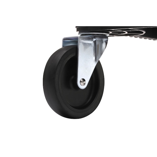 Close-up of a black caster wheel with a metal bracket attached to a platform.