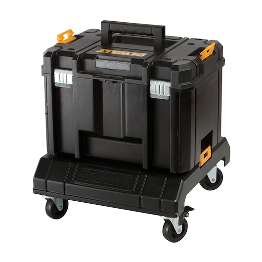 Black DEWALT mobile tool storage box with handle, latches, and wheels for easy transport.