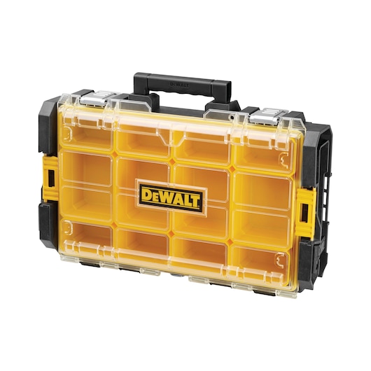 DEWALT yellow plastic organizer case with clear lid and compartments for storage and carrying small items.