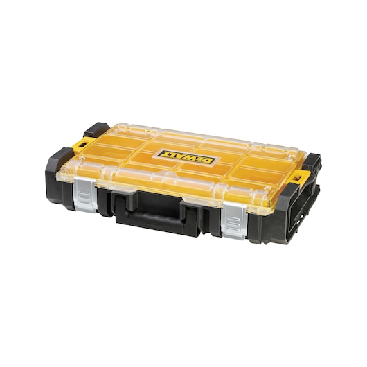 A Dewalt branded yellow and black tool case with a transparent lid, designed for organizing small tools or accessories.