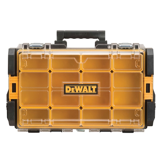 DEWALT transparent organizer box with a handle and compartments for tool storage.