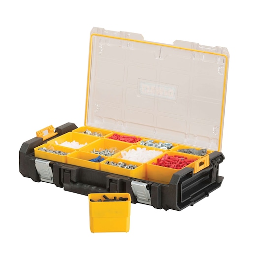 Yellow DEWALT organizer box open showing compartments filled with various screws, plugs, and hardware.