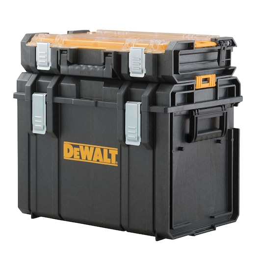 Black DEWALT tool storage box with metal clasps and yellow transparent lid, shown at an angle.