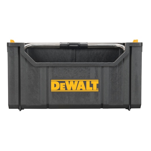 Black DEWALT stackable tool box with yellow logo and metal handle, designed for secure storage and transport.