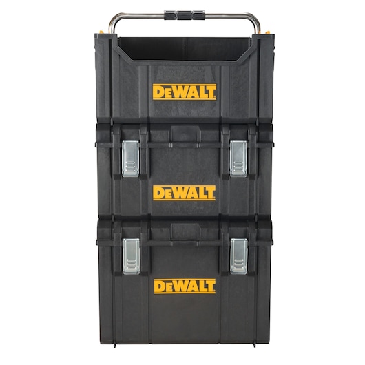 Stacked black DEWALT toolboxes with yellow logo and metal latches, featuring a metal carrying handle on top.