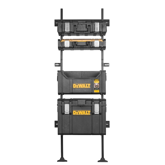 Stacked DEWALT black toolboxes on a vertical rack, grey latches, yellow logo, suitable for storage and organization.