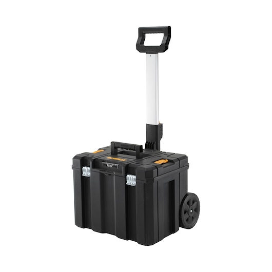 DEWALT rolling tool box with telescopic handle and wheels, black plastic, sturdy for transporting tools.