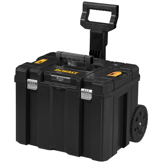 Black DEWALT rolling tool box with handle, wheels, metal latches, and orange accents for secure tool storage.