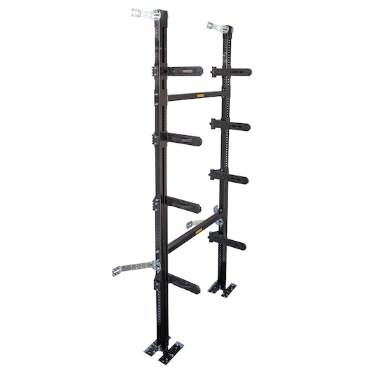 DEWALT DWST1-81045 black metal storage rack with adjustable arms for organizing tools or materials.