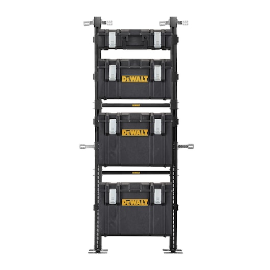 DEWALT black modular tool storage rack with four stacked toolboxes and metal frame.