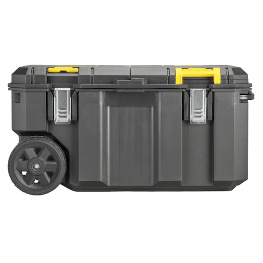 Large black DEWALT wheeled toolbox with metal latches and yellow handles, shown on a white background.