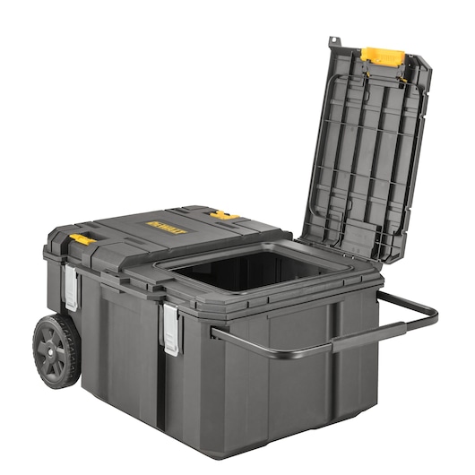 DEWALT rolling tool box with open lid, large interior storage, handle and wheels, black and yellow design.