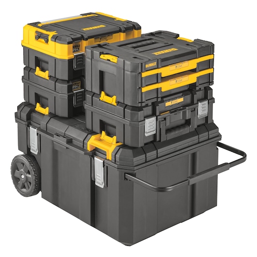 Stacked DEWALT toolboxes on a wheeled black base with yellow latches, suitable for organized tool storage.