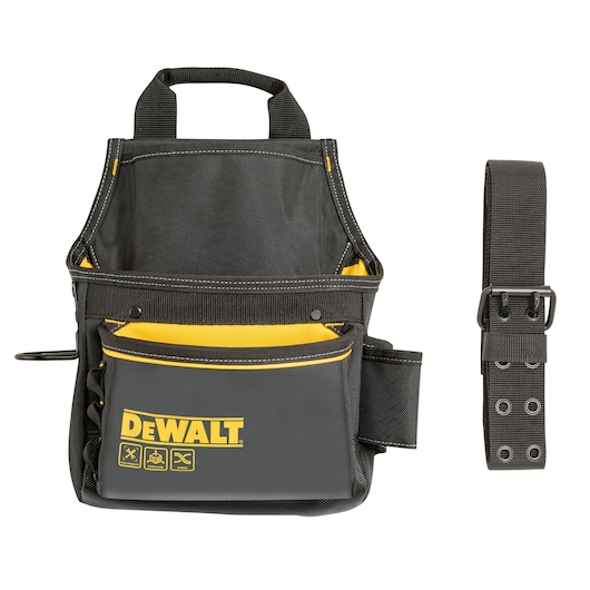 DEWALT black tool pouch with yellow accents and matching adjustable belt for carrying tools.