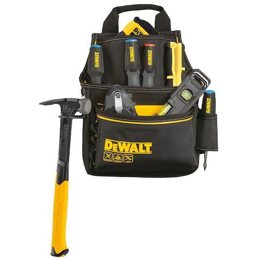 A DEWALT branded tool pouch containing various hand tools such as a hammer, screwdrivers, a spirit level, a utility knife, and other tools. The pouch is black with yellow accents and has multiple compartments for organizing tools.