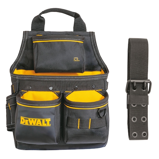 DEWALT black and yellow tool pouch with multiple pockets and a separate adjustable strap.