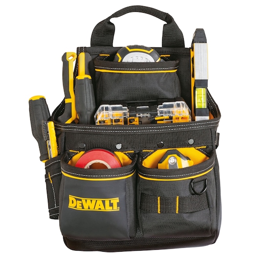 A DEWALT branded black and yellow tool pouch filled with various tools including screwdrivers, tape measure, level, tape, and other small equipment. The pouch has multiple compartments and pockets for organizing photography-related tools.
