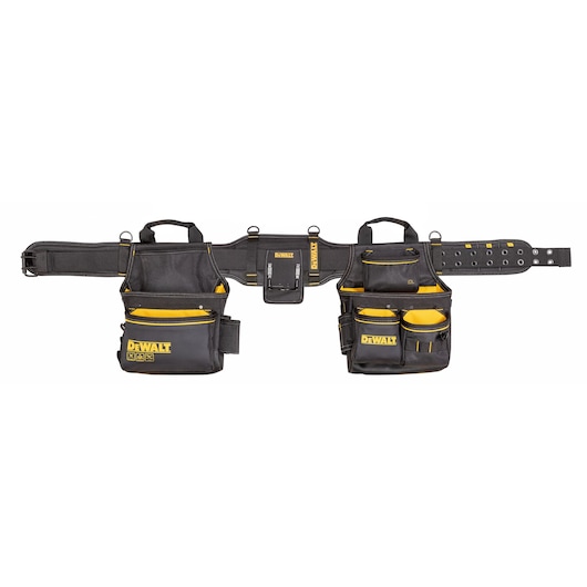DEWALT black and yellow tool belt with multiple pouches and pockets for carrying tools and accessories.