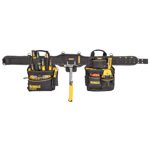 A DEWALT branded black and yellow tool belt with multiple pockets containing various hand tools such as screwdrivers, a hammer, a tape measure, and other accessories. The tool belt is designed for easy access and organization of tools.