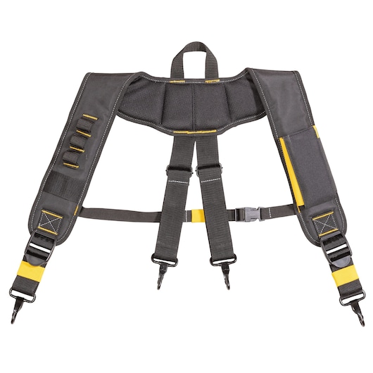 Black and yellow DEWALT padded harness with adjustable straps and clips for tool belts or equipment.