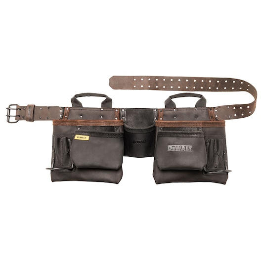 Black DEWALT leather tool belt with multiple pockets and sturdy adjustable strap.