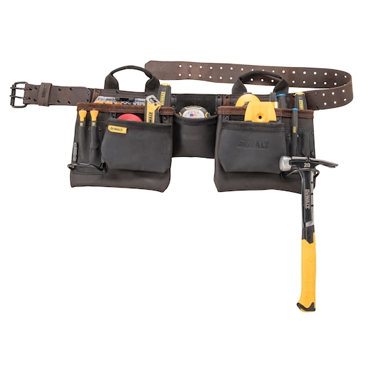 A DEWALT leather tool belt with multiple pockets, filled with various hand tools including a hammer, screwdrivers, measuring tape, and other accessories.