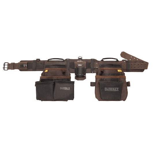 DEWALT leather tool belt with multiple pockets and pouches for carrying tools, shown against a white background.