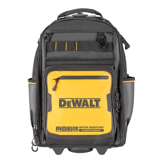 DEWALT black and yellow photography backpack with water resistant front compartment and multiple pockets.