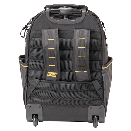 DEWALT black tool backpack with padded straps, side pockets, trolley handle, and wheels.