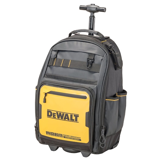 DEWALT rolling backpack in black and yellow with handle, water-resistant compartment and multiple pockets.