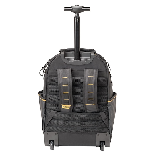 Black DEWALT rolling backpack with handle and wheels, padded straps, and side pockets, shown from the back.